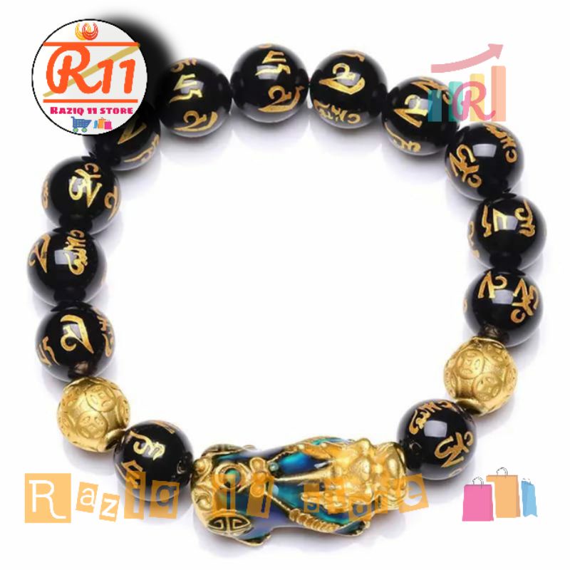 Gelang Pixiu Batu Giok Mantra Budha Tibet Black Naga Pixiu