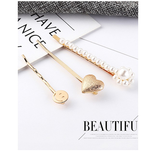 LRC Jepit Rambut Fashion Gold Smiley Love Small Pearl Hairpin Set Y61872
