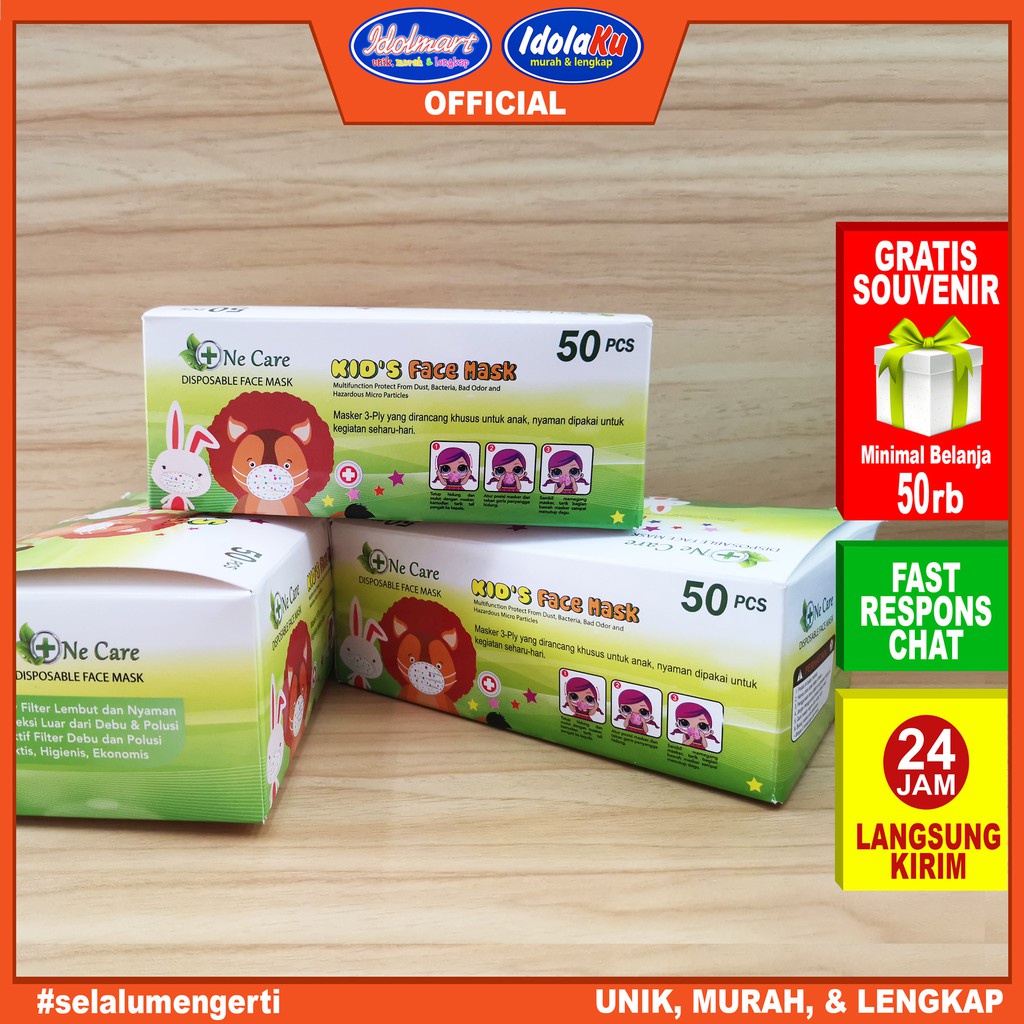 IDOLMART Masker Anak 3ply isi 50 Pcs Earloop 3-14 Tahun /Anti Bakteri Masker Surabaya
