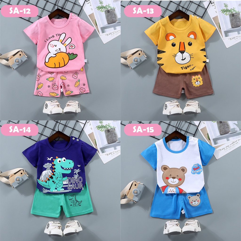Baju Setelan Jalan Anak Laki Laki Perempuan Katun Lengan Pendek Model Terbaru umur 1 - 5 tahun