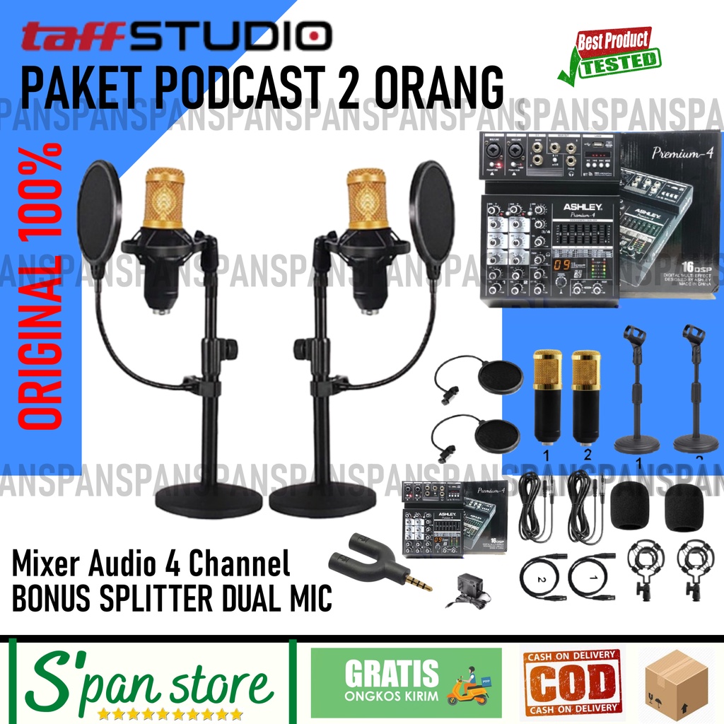 Paket Podcast 2 Orang Mixer Ashley Premium 4, Mic BM, Stand,Pop Filter