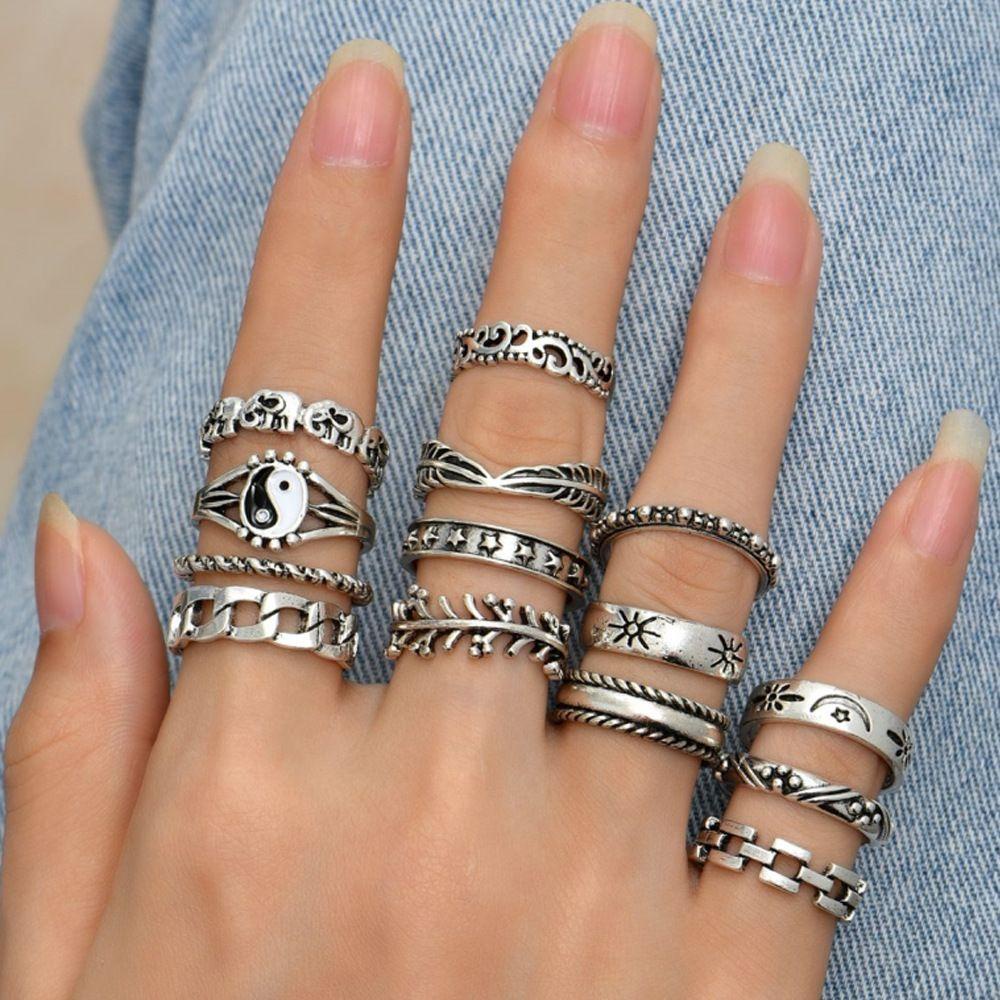 Solighter Heart Ring Set Charm Wanita Punk Gothic Knuckle Rings