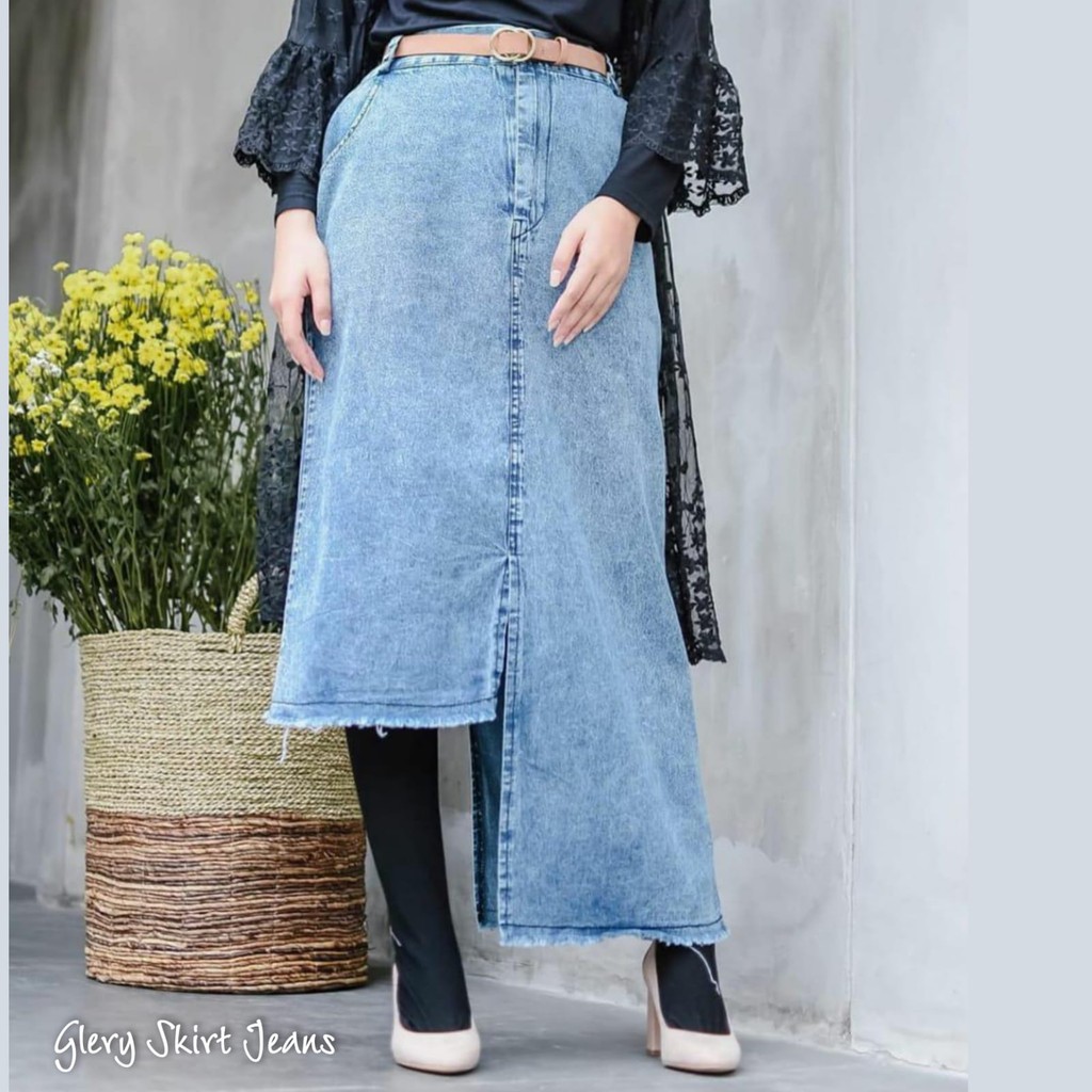 Orimoza Xandra Rok Jeans Panjang Kancing Depan Button Denim Skirt Snow-GLERY ROK JEANS