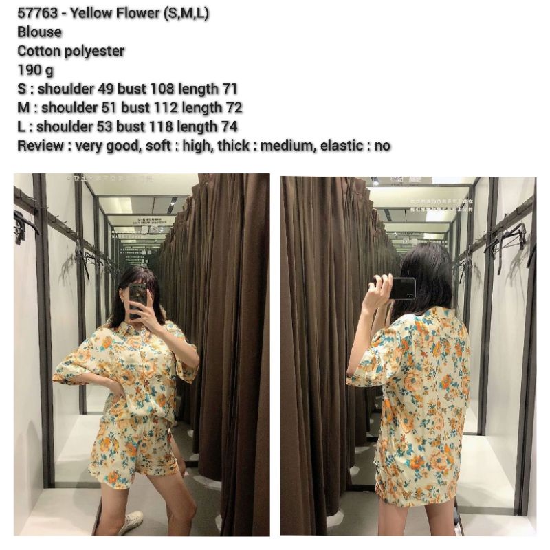 Kemeja jumbo cewek kuning motif bunga saku dada lengan pendek