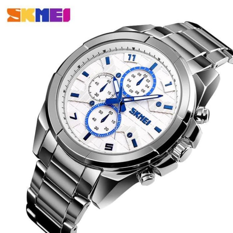 JAM TANGAN PRIA ORIGINAL SKMEI 1378 RANTAI WATERPROOF - SILVER WHITE