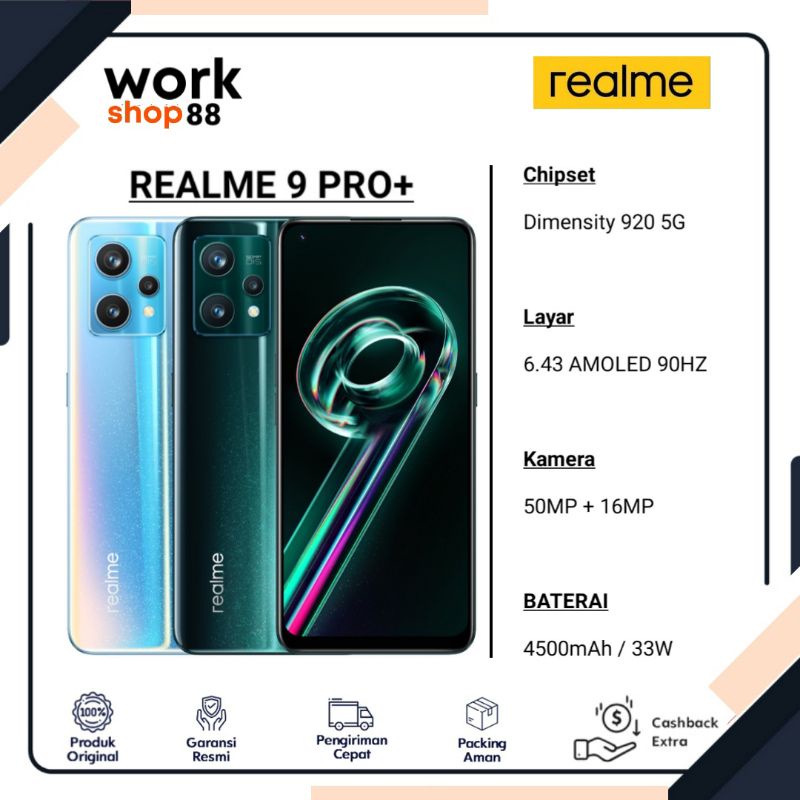 Terbaru Hp Realme 9 Pro+ 5G 8/256 Ram 8GB Rom Internal 256GB - New Original Garansi Resmi - Kamera 50MP OIS /Dual Dimensity 920 / Fingerprint Under Display Pro Plus - 8/128 6/128 8GB 256GB 128GB 8 6 256 128 GB - Warna Black Green Hitam Biru Blue