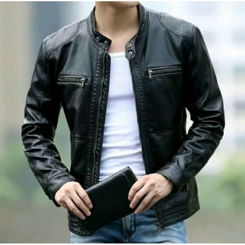 Premium Jaket Kulit Pria Coklat Jaket Cowok Terlaris Simpel Motoran Trend Line Fashion vector