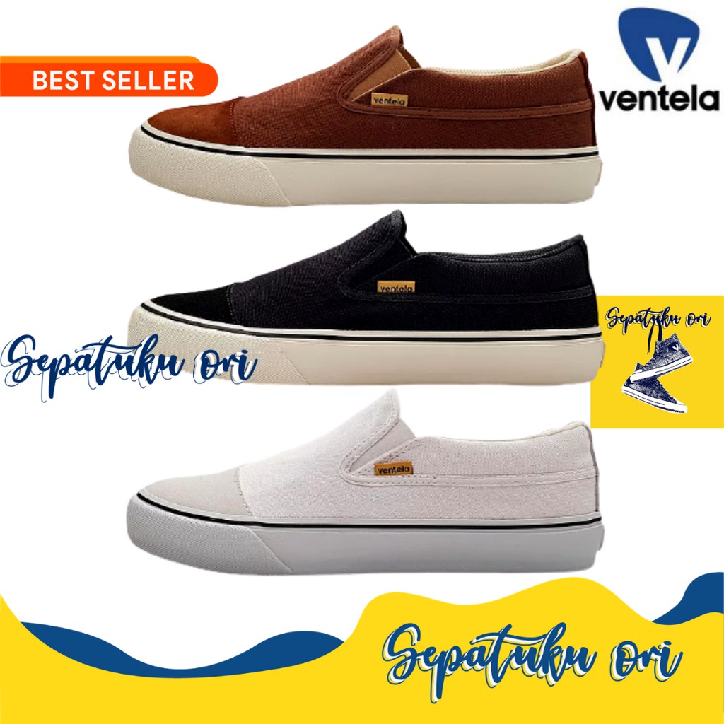 Sepatu Ventela Urban Slip On Black Natural - Brownies / Coklat - White / Putih Original