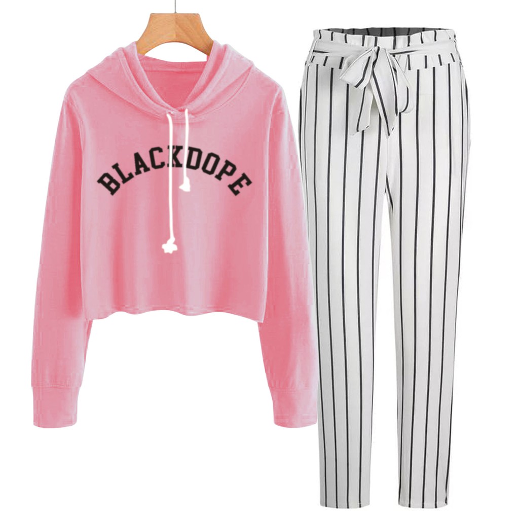 BESS - Baju Setelan Wanita Murah / Setelan Hoodie Crop + Celana Salur Putih - BLACKDOPE