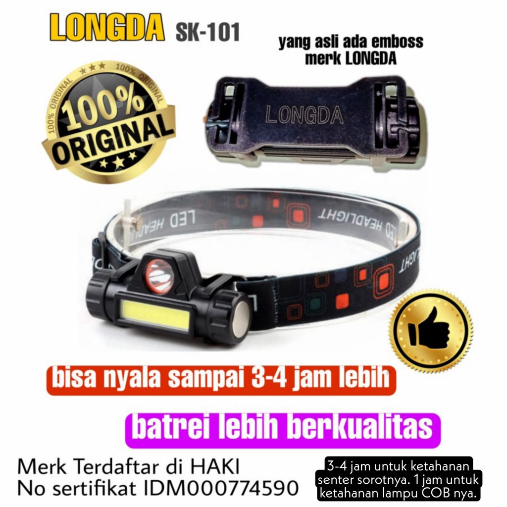 SENTER KEPALA MINI HEAD LAMP LED COB RECHARGEABLE PLUS MAGNET 101 LONGDA FLASHLIGHT