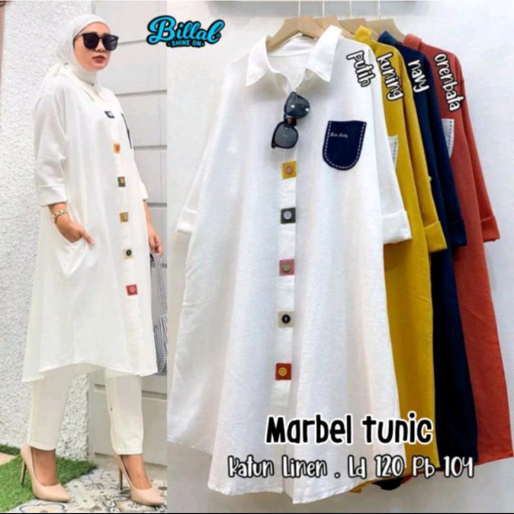 Kemeja Putih Wanita - MARBEL TUNIK Atasan Cewek Bahan Linen Blouse Kerja Vintage  Casual Adem Premiu