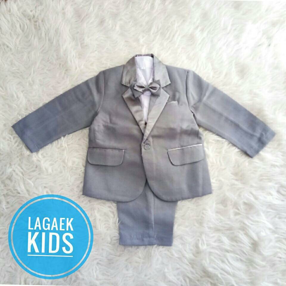 Setelan Jas Anak 4in1 Abu Silver Usia 8 9 10 11 Tahun - Setelan Formal Pesta Anak Cowok Resmi Jas Set Grey Tuxedo