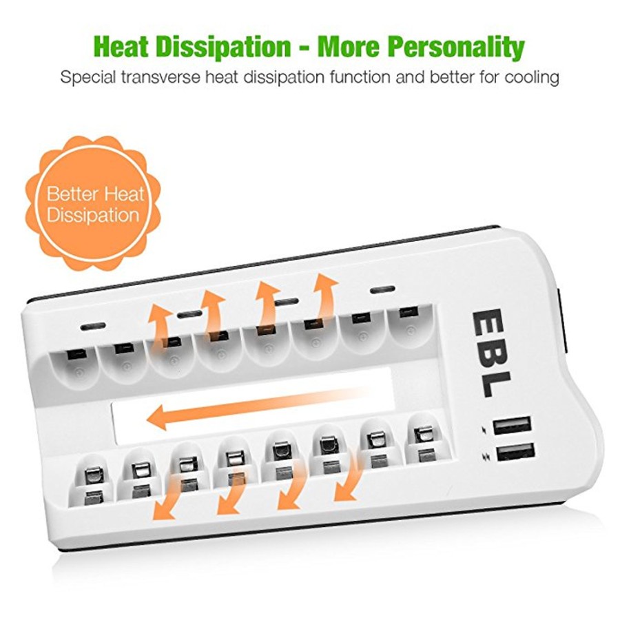 EBL Charger AA / AAA Ni-MH Rechargeable Ba with 8-Bay With 2 Usb Port