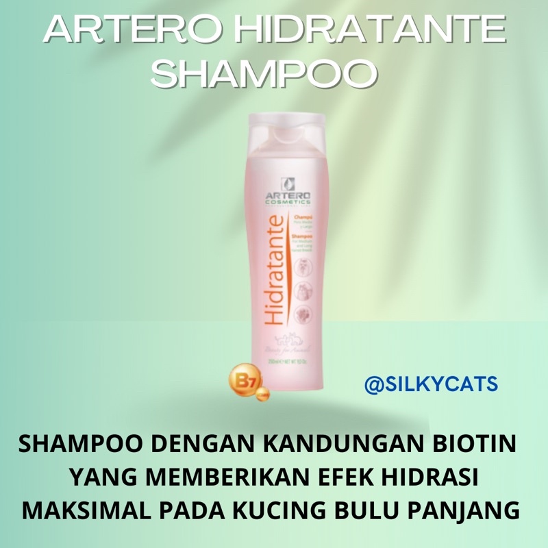 Artero hidratante 250 ML. Biotin shampoo yang memberikan efek hidrasi untuk bulu kucing yang sehat dan lembut.