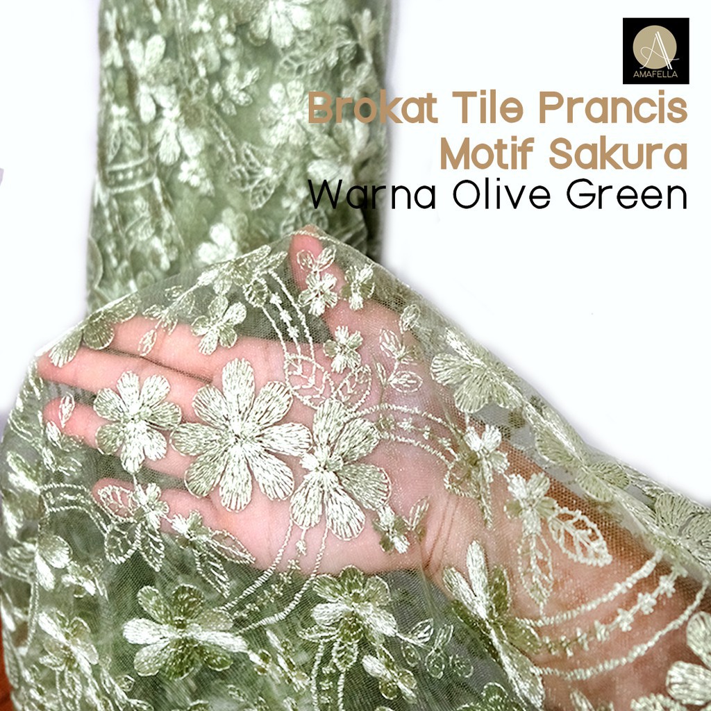 1/2 meter Kain Brokat Tile Prancis Bahan Kebaya Motif Sakura Warna Olive Green