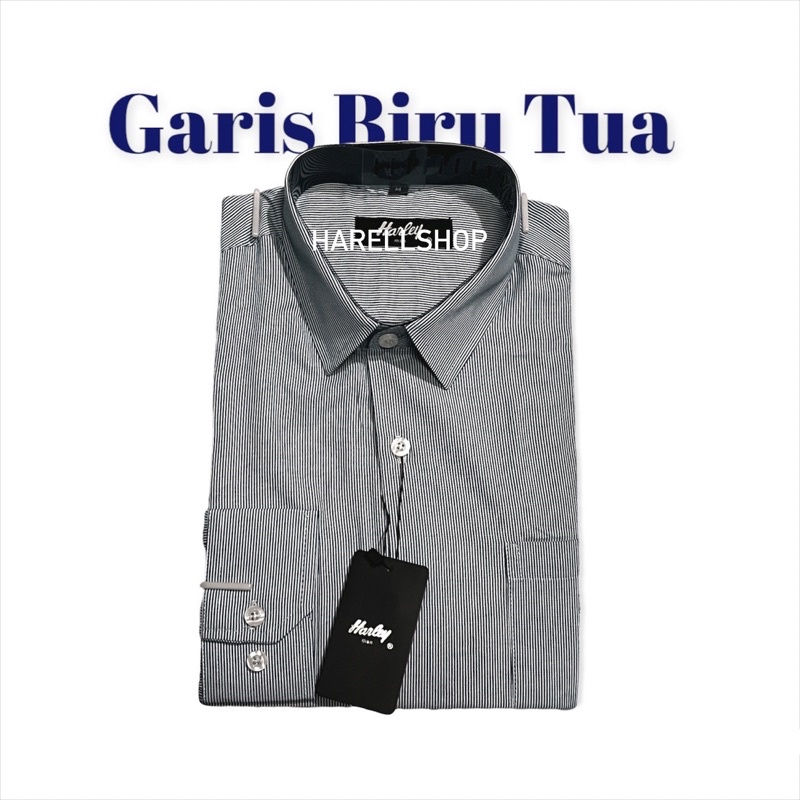 Kemeja Pria Harley Garis Kecil polos Biru Tua Tangan Panjang Kemeja Kerja Bkn Alisan