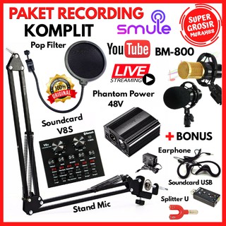 PAKET RECORDING KOMPLIT Microphone Mic BM 800 BM800 Soundcard V8 Phantom Power 48V Karaoke Smule