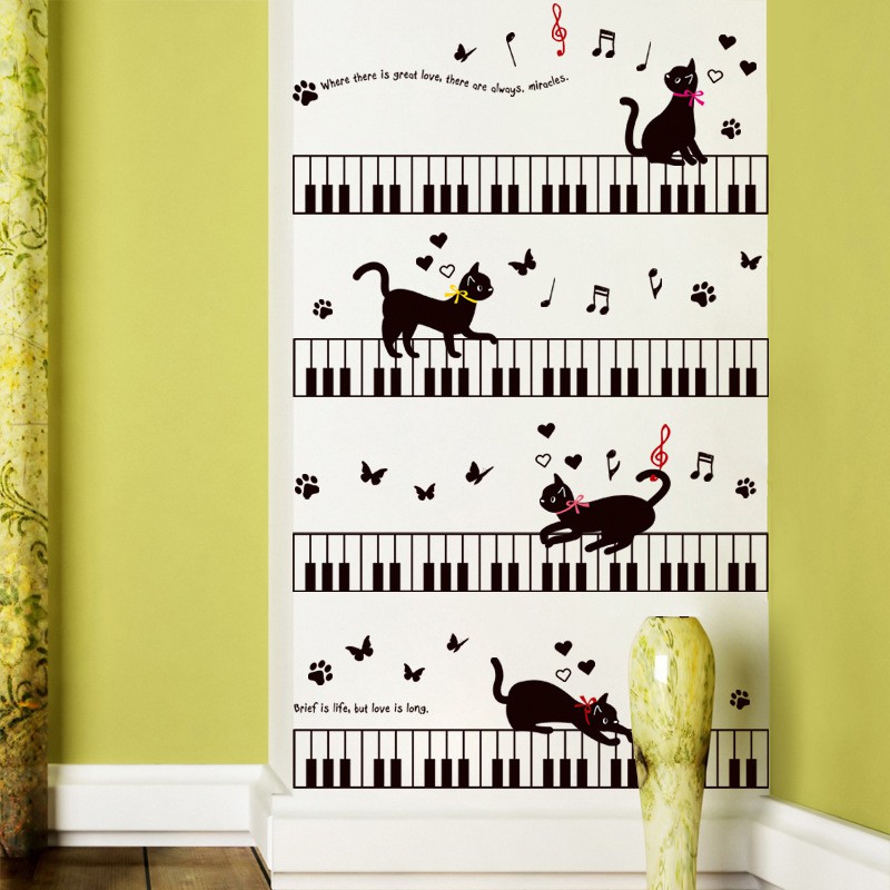 RELIZA WALL STICKER MELODY PIANO MUSIK NOTE NADA KUCING CAT BUTTERFLY STIKER DINDING XL8254