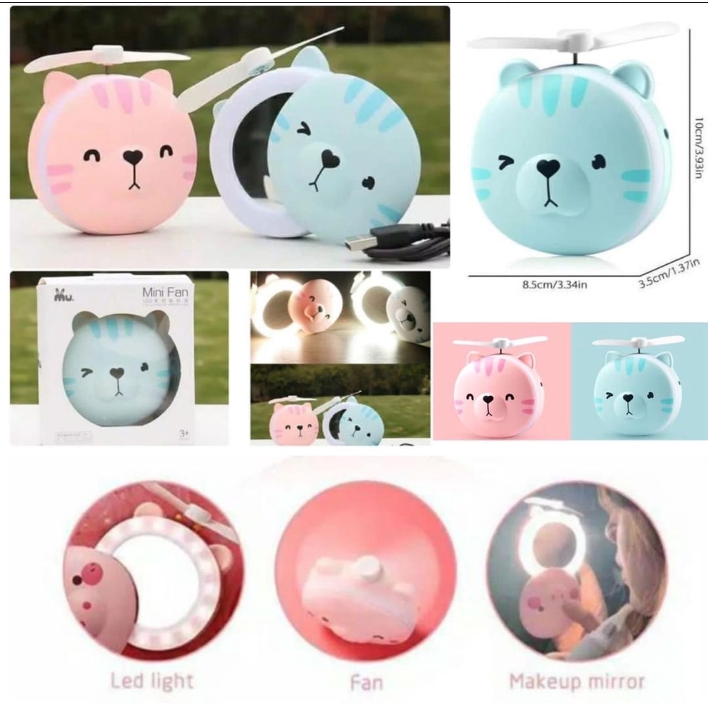 Fan Kipas Mini Lampu LED USC Charger - Rabbit 995 KELINCI / ALPUKAT + Cermin / Lipat / BEAR + Cermin / Hello Kitty Gliter