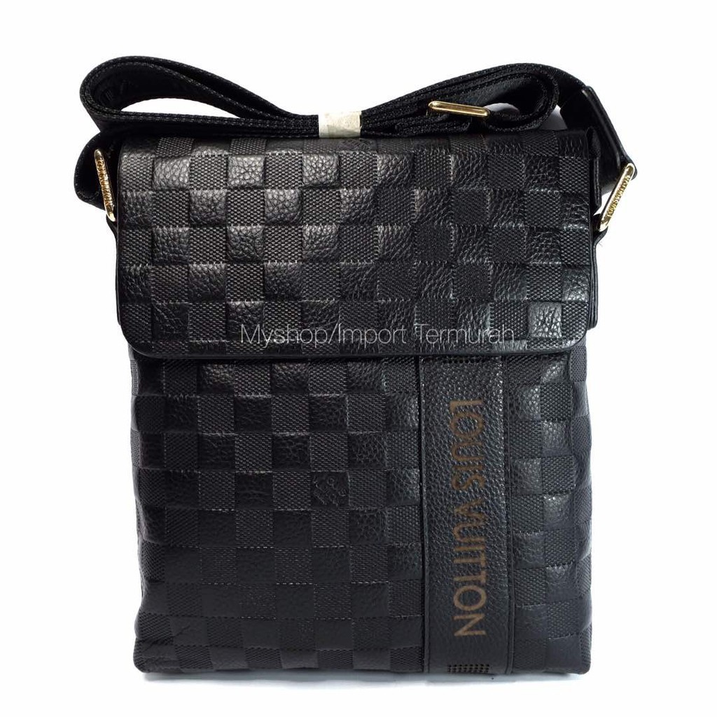 Free Ongkir - TAS SELEMPANG KULIT ASLI PRIA COWO BRANDED IMPORT LV LT505 BLACK - Termurah