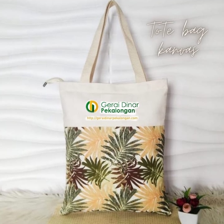 Tote Bag Kanvas Resleting Wanita model  bahan Kanvas polos dan motif bisa custom sablon utk seminar