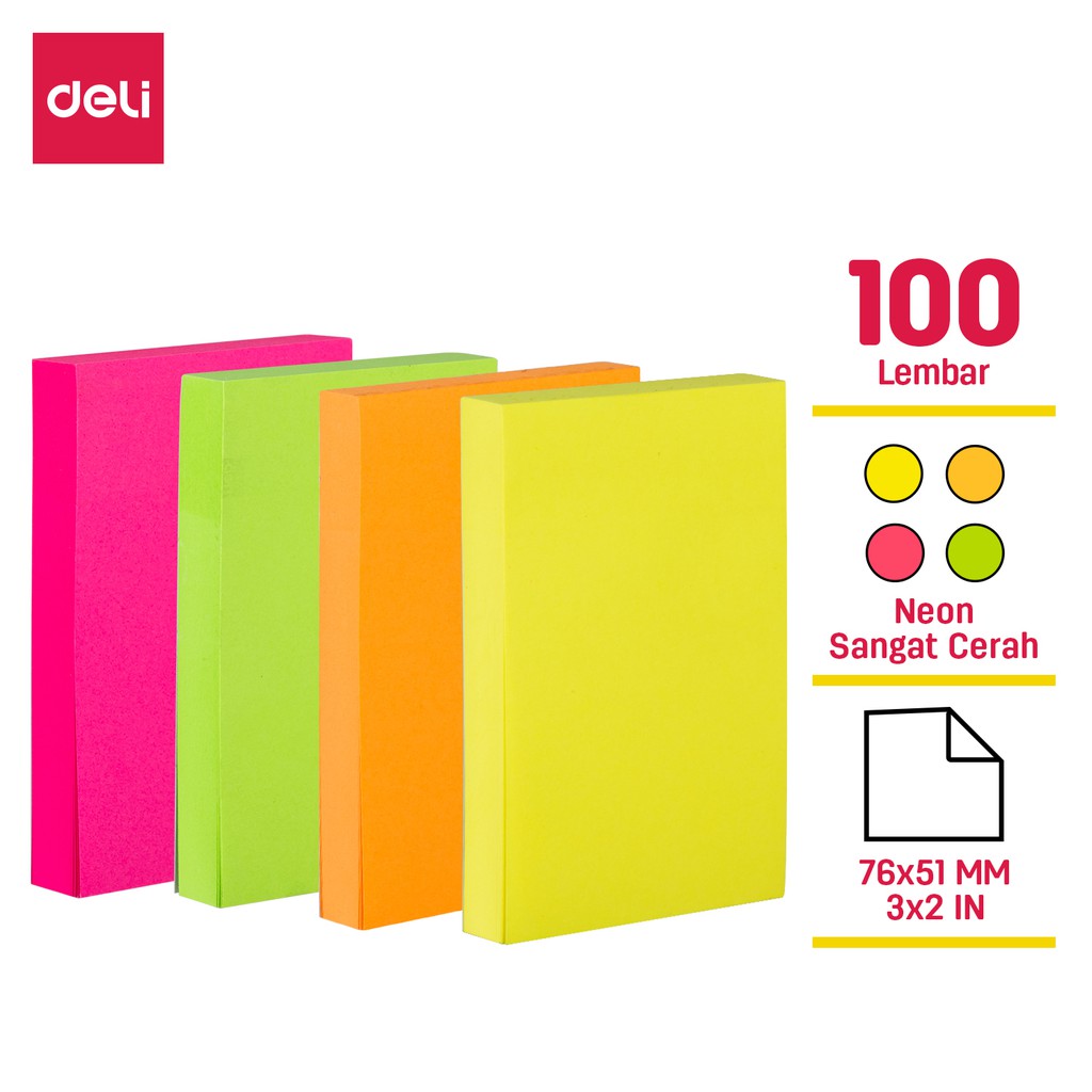 

Deli Memo tempel - Sticky Notes ukuran 3 x 4 Inch 4 Neon Warna 100 Sheets perekat yang kuat EA02X02