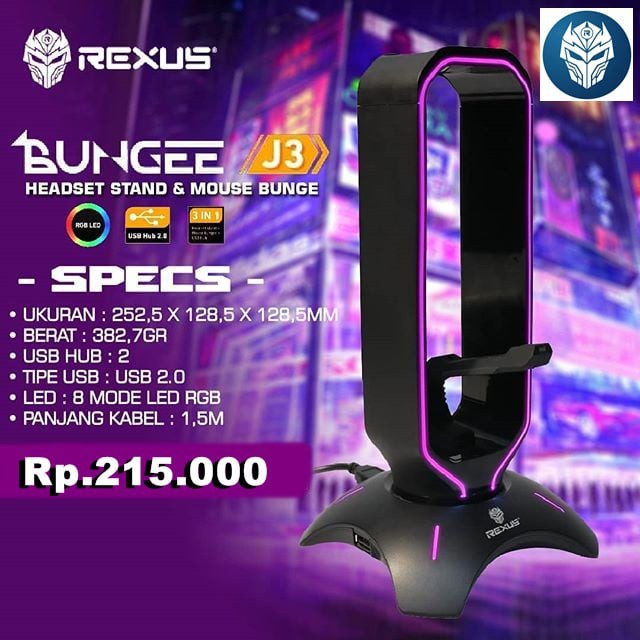 Headset Stand Bungee Rexus RGB J3 with USB Hub 3 port