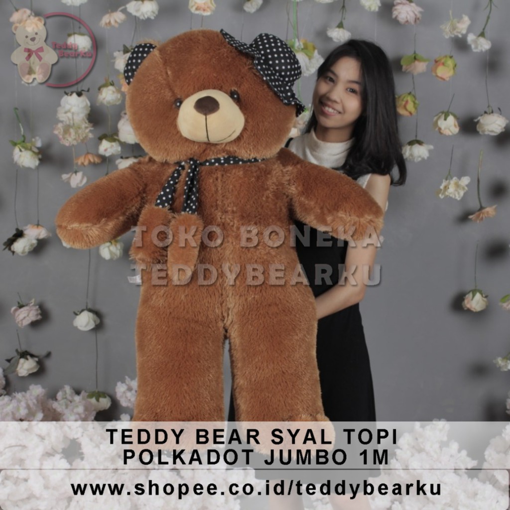 TERMURAH! BONEKA BERUANG TEDDY BEAR TOPI SYAL POLKADOT JUMBO 1 METER LUCU SUPER BESAR