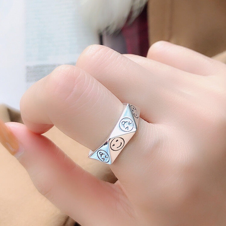 Rock Metal Geometry Circular Smile-Face Adjustable Rings Punk-Style Women Lovers Aesthetic Girl Accessories Party Jewelry