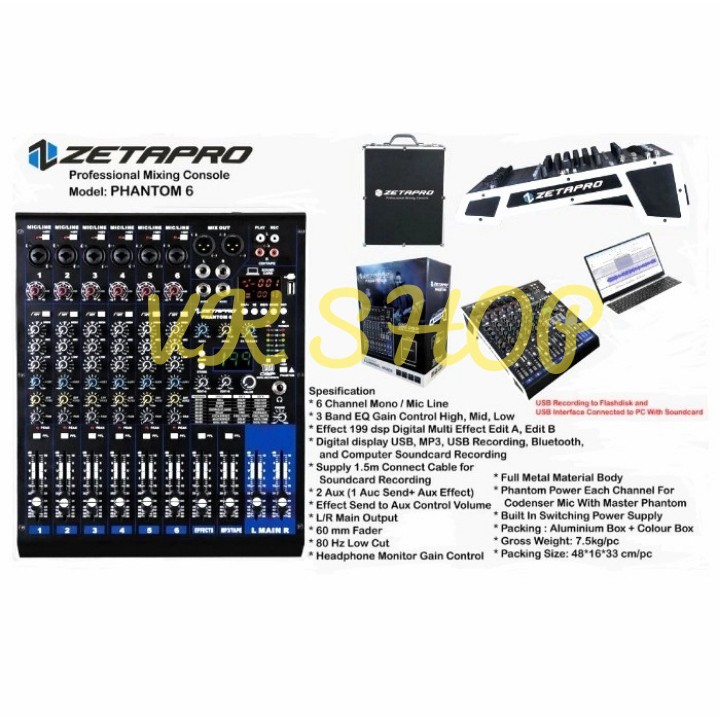 MIXER AUDIO ZETAPRO PHANTOM 6 ( 6CH, USB,BT)RECORDING