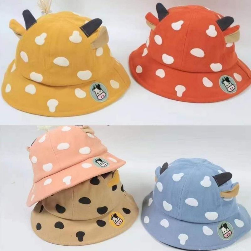 Topi Bayi Bundar Bucket hat baby corak printed bordir sapi lucu