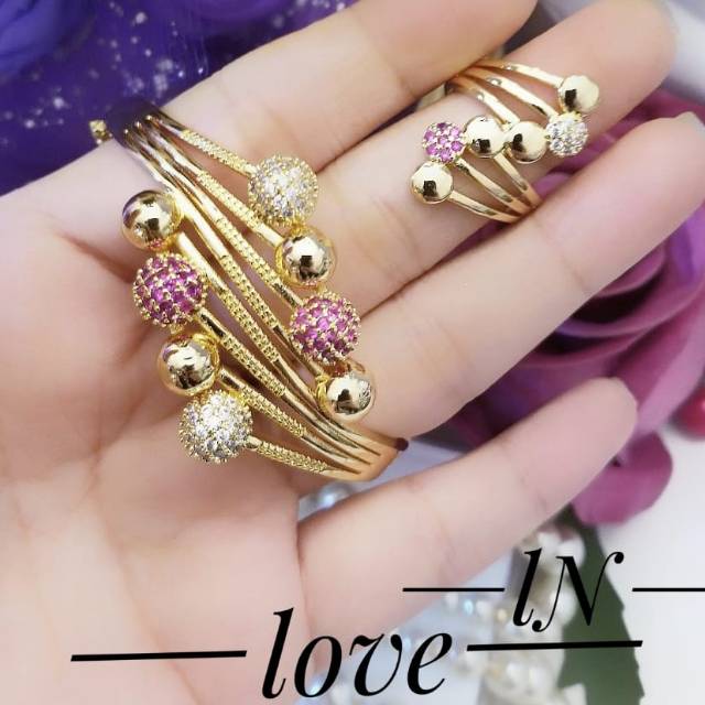 (JAN) TERMURAH Set Perhiasan Gelang Cincin Ranting Pentol Ungu Xuping Titanium Permata Aksesoris