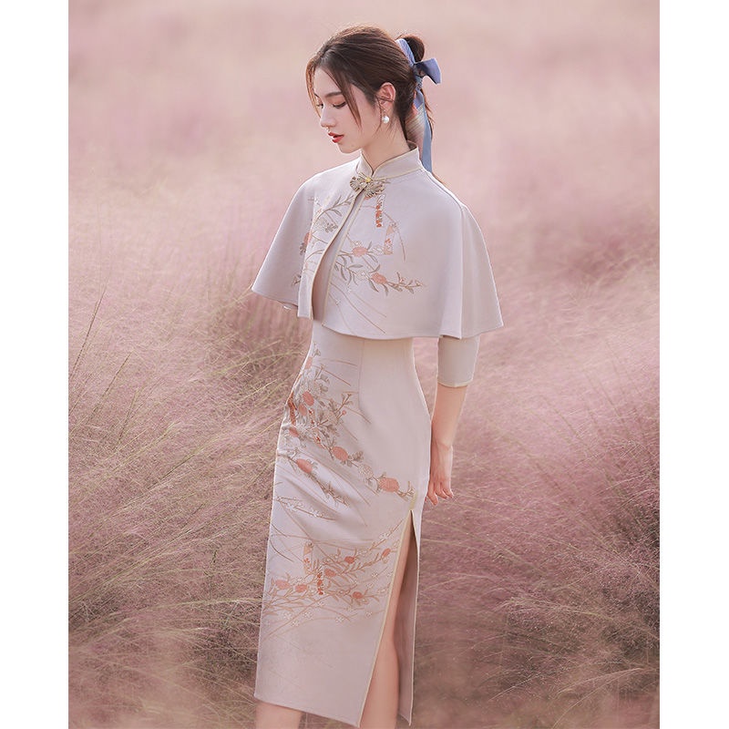 Cheongsam 2022 new spring long sleeved high-grade shawl with improved retro Republic of China Spring