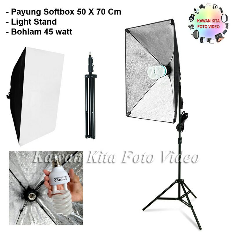 Jual Payung Softbox 50x70cm PLUS Light Stand PLUS Bohlam 45 Watt