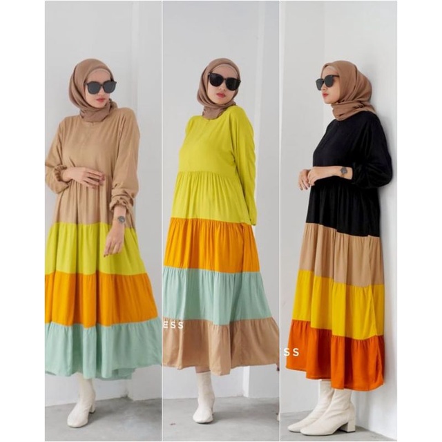 BISA COD AZKIA DRESS GAMIS RAINBOW PELANGI KOMBINASI WARNA WARNI PASTEL KATUN RAYON RUFFLE REMPEL BA