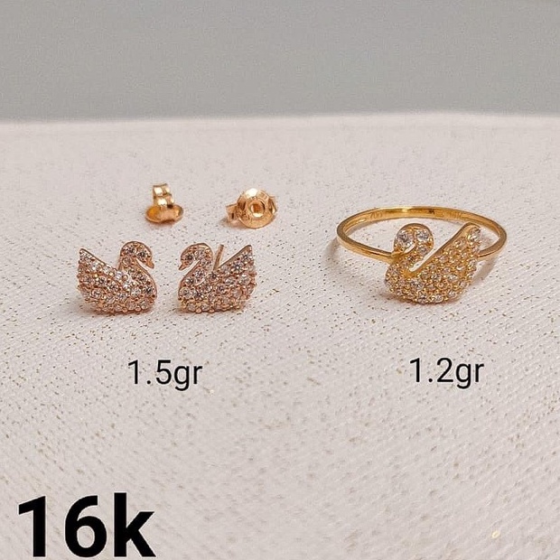 Cincin liontin anting duduk tusuk anak dan dewasa emas asli kadar 700 70 16k 750 75 17k mata swan angsa Swarovskii earrings ring gold