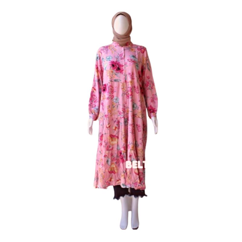 Long Tunik Rayon Viscose Motif Bunga Pink