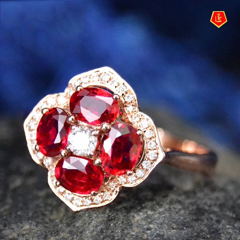 [Ready Stock]Women's Silver Ruby Flower Ring Korean Simple Personalized