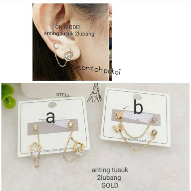 Anting Titanium gold tusuk 2 lubang Earring Stainless steel ori anti karat anti alergi 227