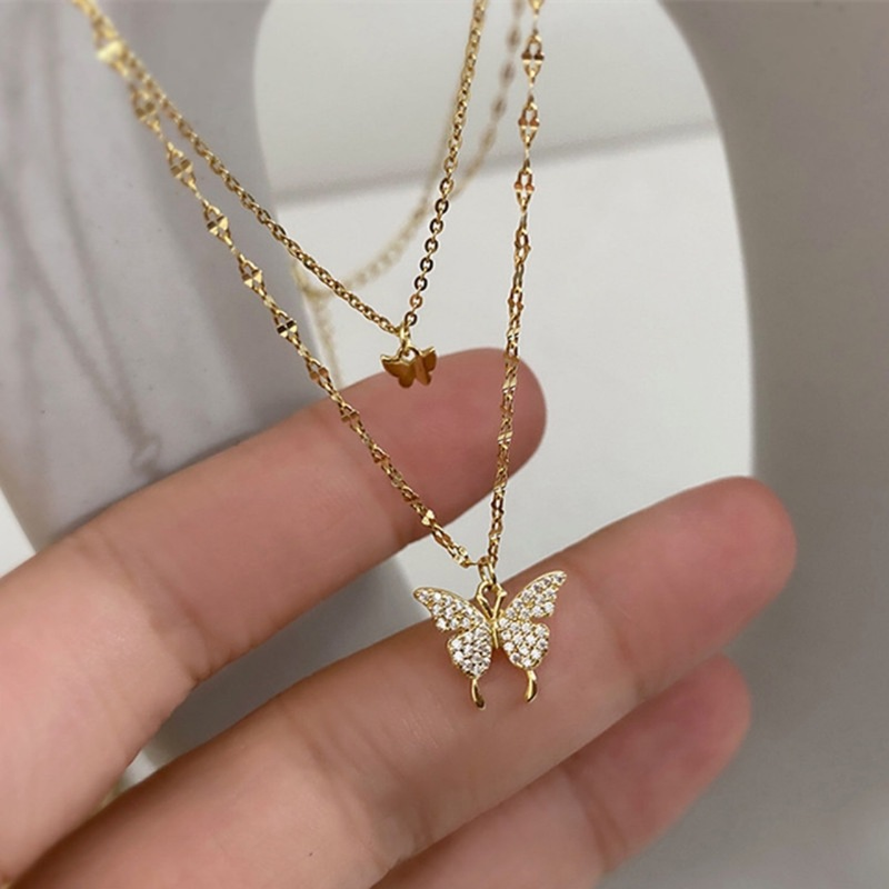 Kalung Rantai Klavikula Double Layer Bentuk Kupu-Kupu Aksen Berlian Untuk Wanita