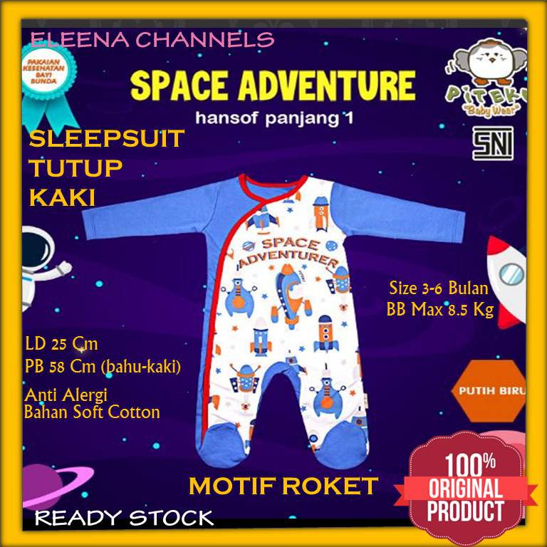 Sleepsuit Bayi Laki-Laki Tutup Kaki 3-6 Bulan Piteku Jumper Baju Baby Motif ROKET