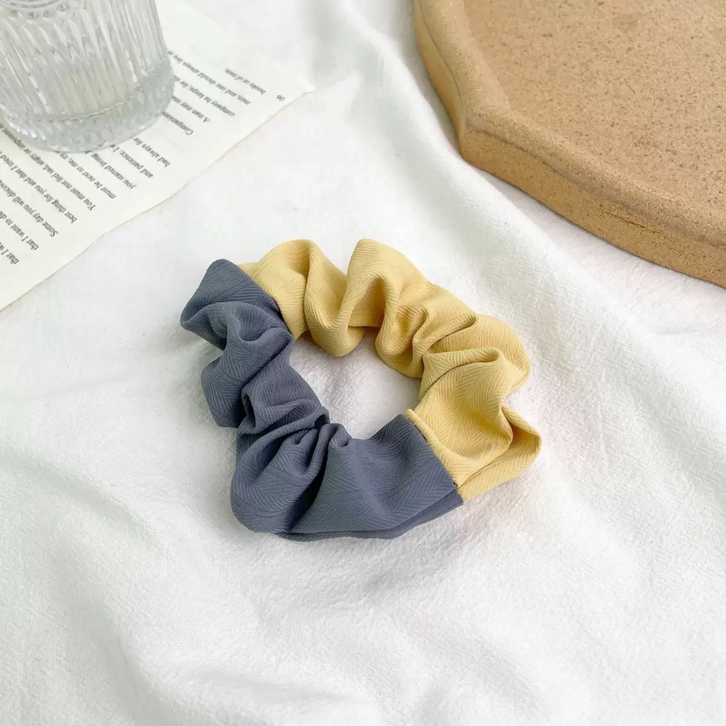 Srunchie Ikat Rambut Premium / Cepol Kain Dua Warna Casual Fashion Korean Import-AR-127 #3 Kuning Abu