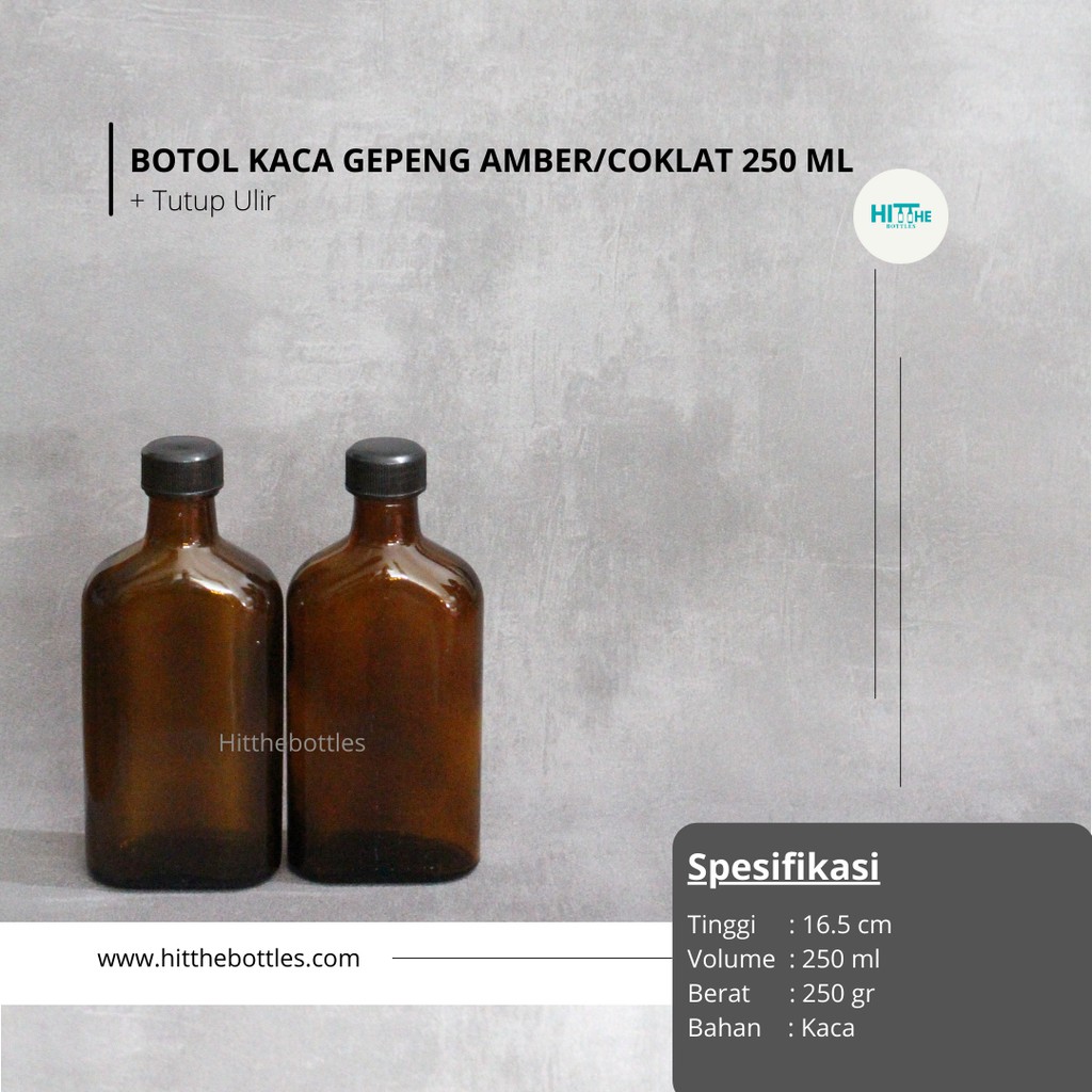 HITTHEBOTTLES - BOTOL KACA GEPENG COKLAT 250ML PLUS TUTUP
