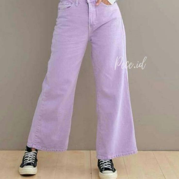 Paling Sesuai.. CELANA KULOT JEANS LOOSE WANITA POLOS PASTEL LILAC CREAM HIGHWAIST JENS CUTBRAY