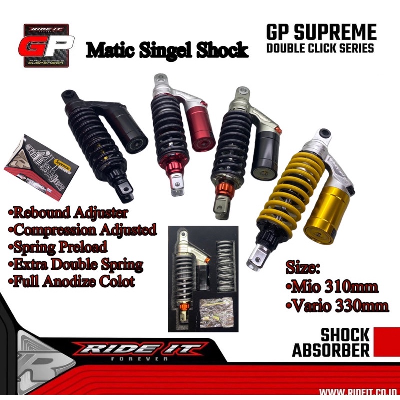 Shock Ride It GP Supreme Series Double Klik Singel Shock Matic 310mm 330mm Shockbreaker Tabung Atas Mio Soul Xeon Fazzio Fino Vario 110 125 150 160 Beat Scoopy Genio FOURSIX_46