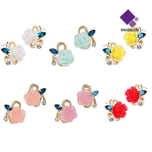 Anting Stud Bentuk Bunga Bahan Resin Aksen Berlian Imitasi Untuk Wanita