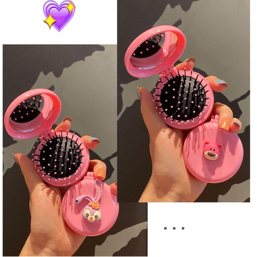 [Elegan] Sisir Bantal Udara Dengan Cermin Portabel Gadis Kreatif Beruang Pink Sisir Rambut Lipat