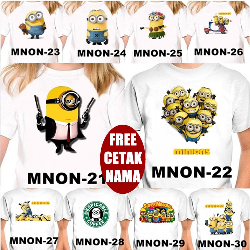  FREE NAMA  Baju Kaos  COUPLE  ANAK DAN DEWASA MINION 