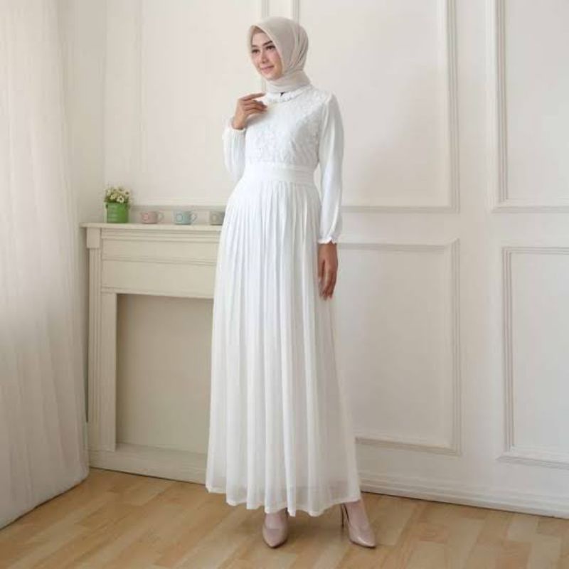 gamis plisket putih| gamis plisket| gamis