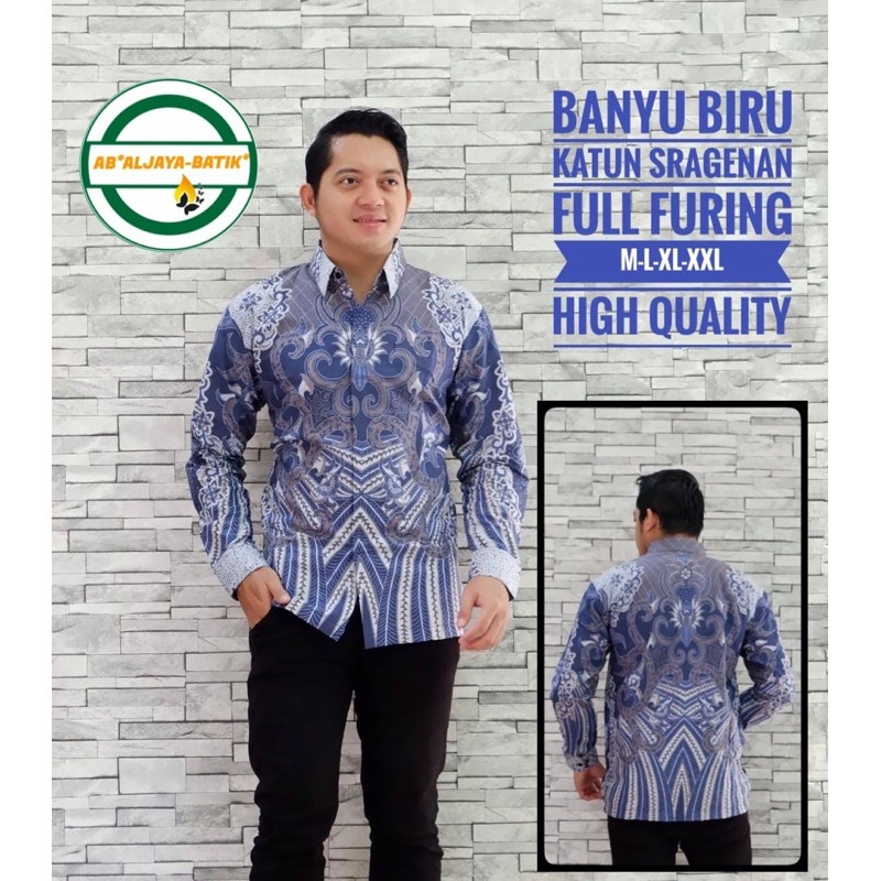 KEMEJA BATIK MODERN BANYU BIRU FUL FURING KATUN HALUS PREMIUM SIZE LENGKAP